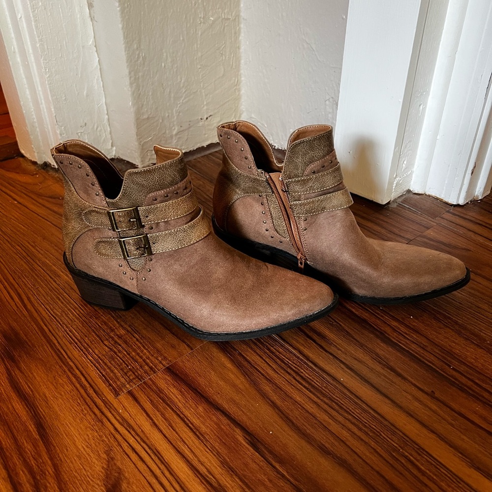 Brown buckle ankle booties